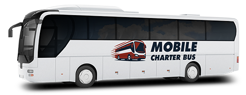 a plain white charter bus with the mobile charter bus logo